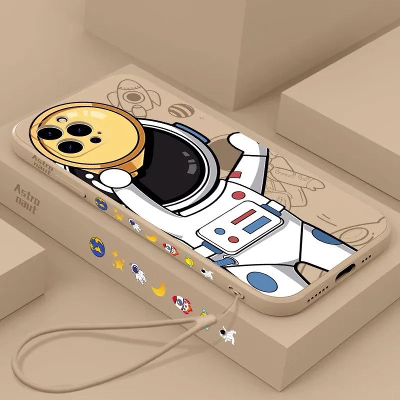 Silicone iPhone case with cartoon astronaut and starry sky design in blue.