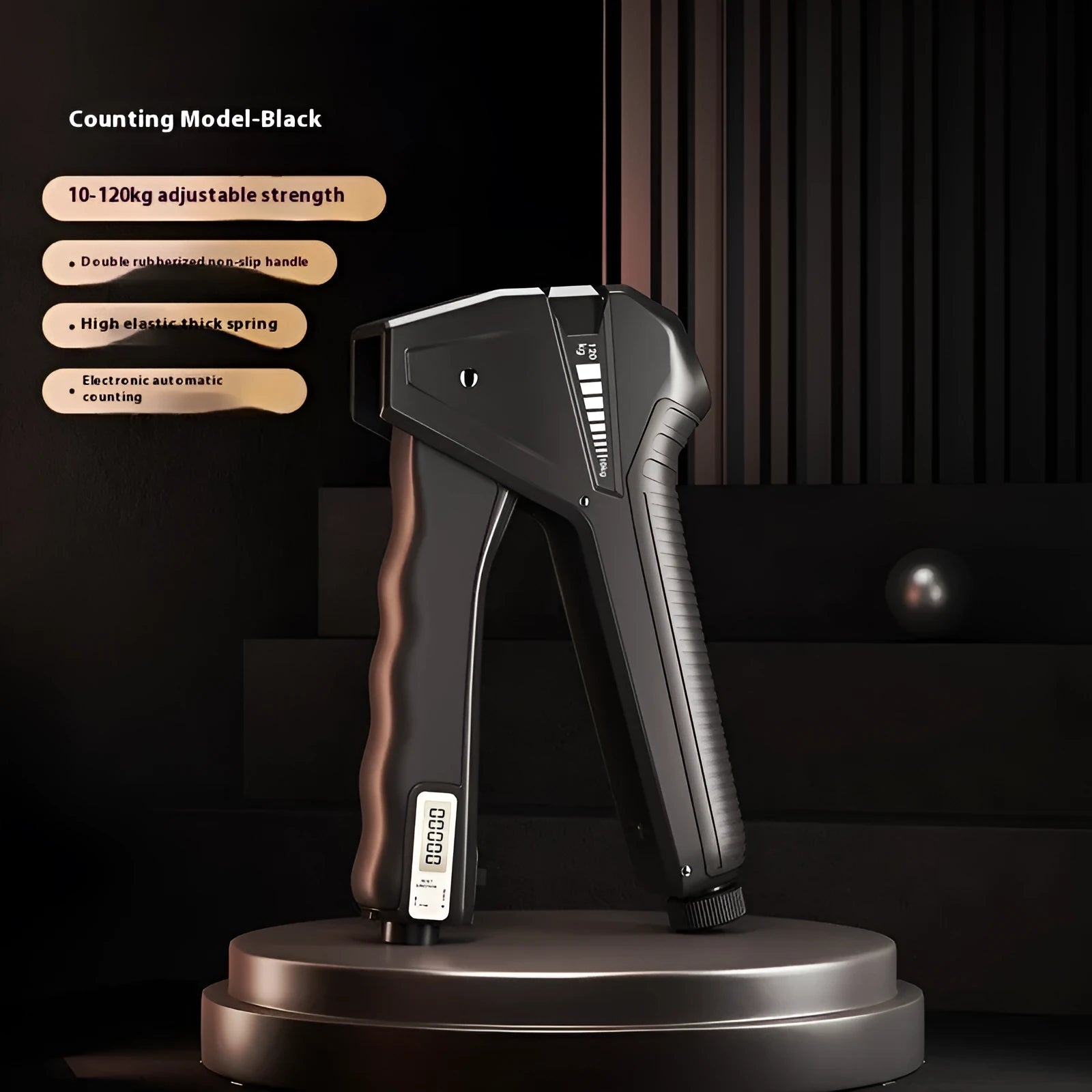 Adjustable hand gripper strength trainer with mechanical counter display in black.
