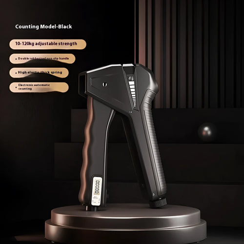 Adjustable hand gripper strength trainer with mechanical counter display in black.