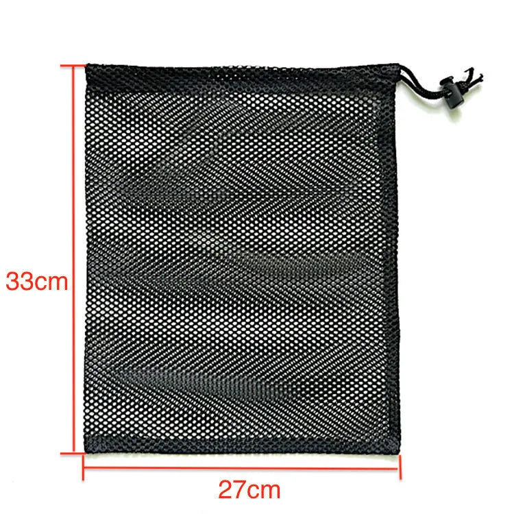 Black mesh drawstring storage bag for water ball toys, shown in three size options.