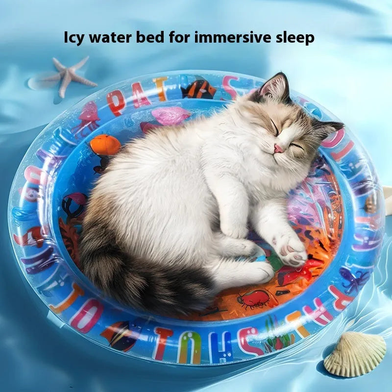 PVC inflatable water cooling mat for cats with shark design on blue background