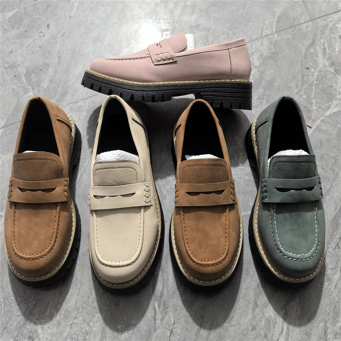 Women's casual shoes with platform mid heel, round toe, and leather-stitch trim in beige colour