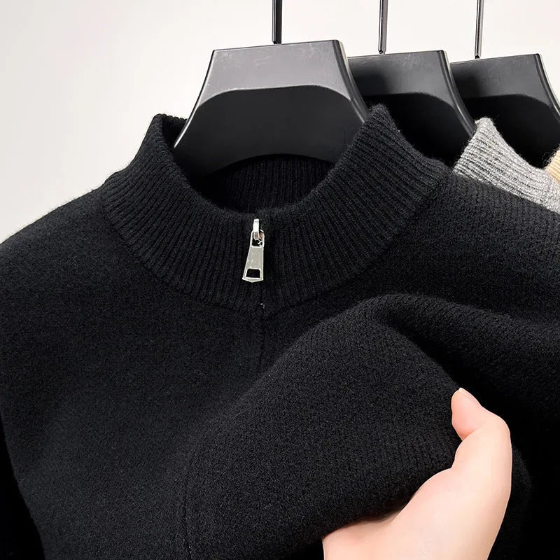 Men's loose-fit knitted cardigan with stand collar and front zipper in black, grey or beige