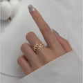 Women's leaf branch ring with geometric design in electroplated copper gold or silver finish