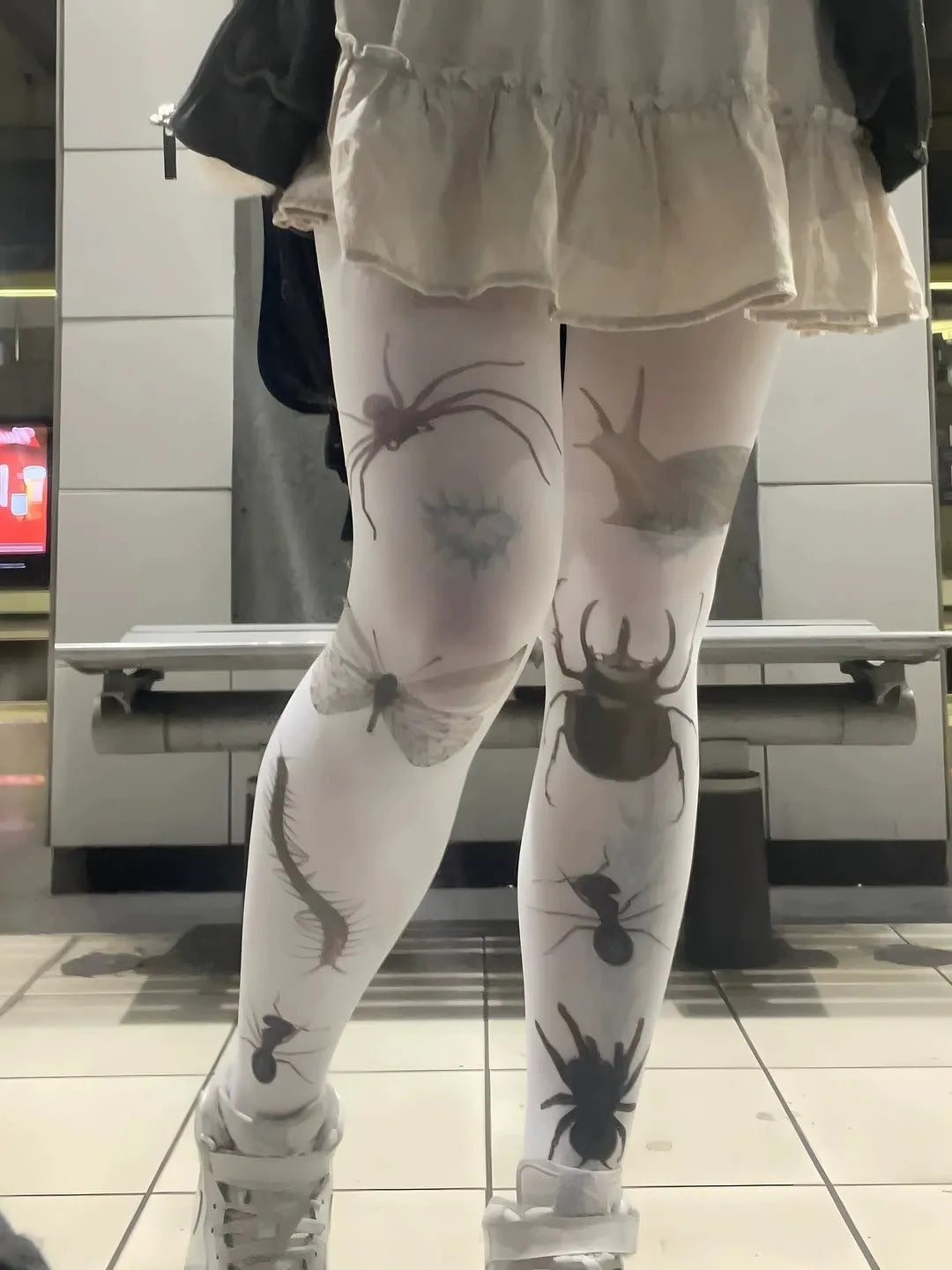 White printed sheer pantyhose for women, thin lightweight free-size legwear