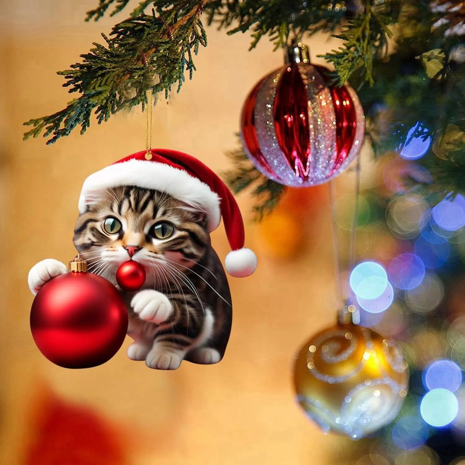 Colourful Christmas cat cartoon car hanging ornament made of clear acrylic