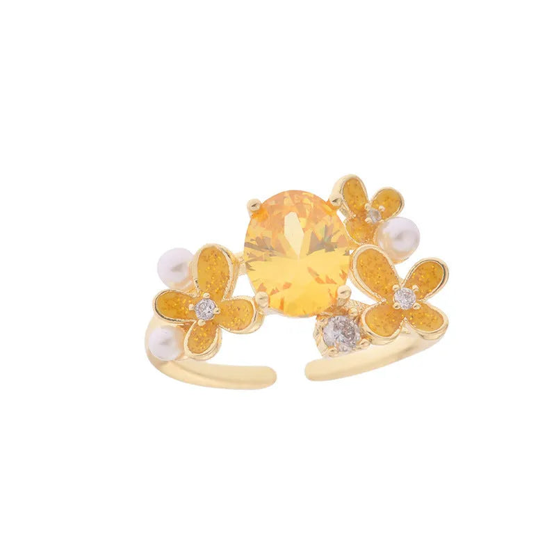 Flower pearl high-grade female zircon open ring in yellow copper metal sweet girl style