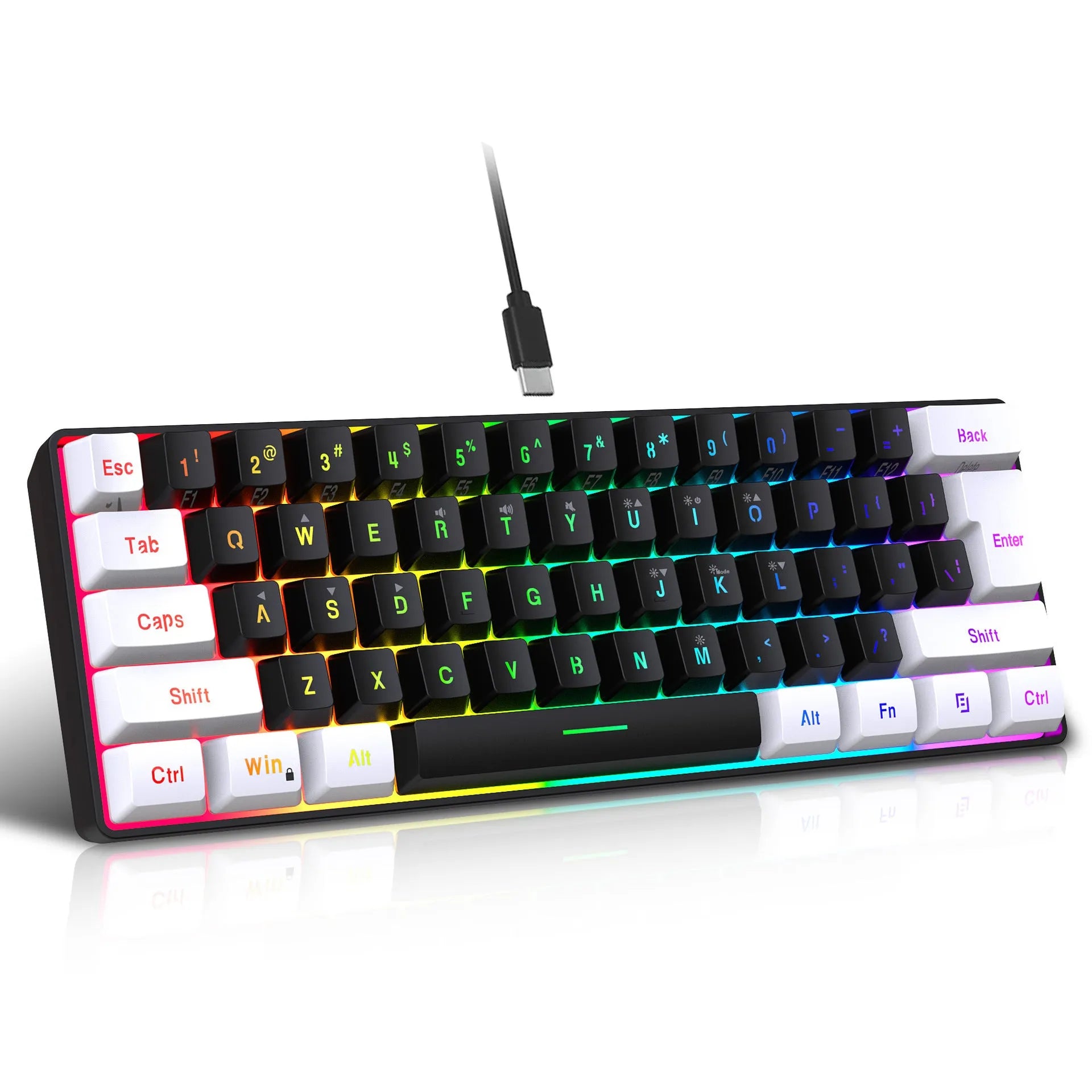 Compact 61-key wired membrane keyboard in white and black colour with 1.7 metre USB cable