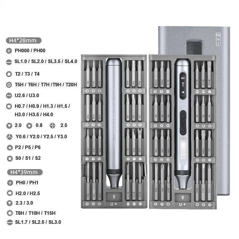 Precision electric screwdriver with aluminium alloy handle showing length and design