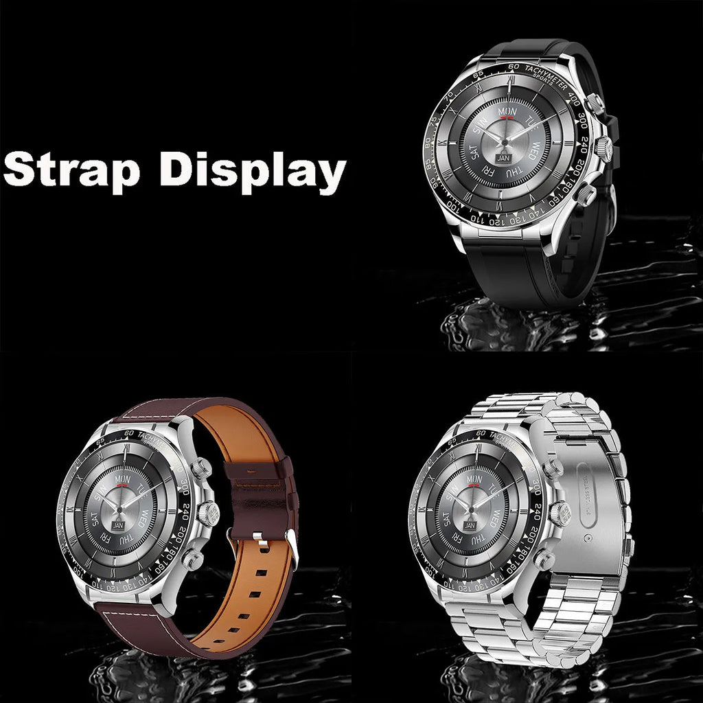 Round screen smart watch EX108 in black silicone with three straps showing Bluetooth calling interface