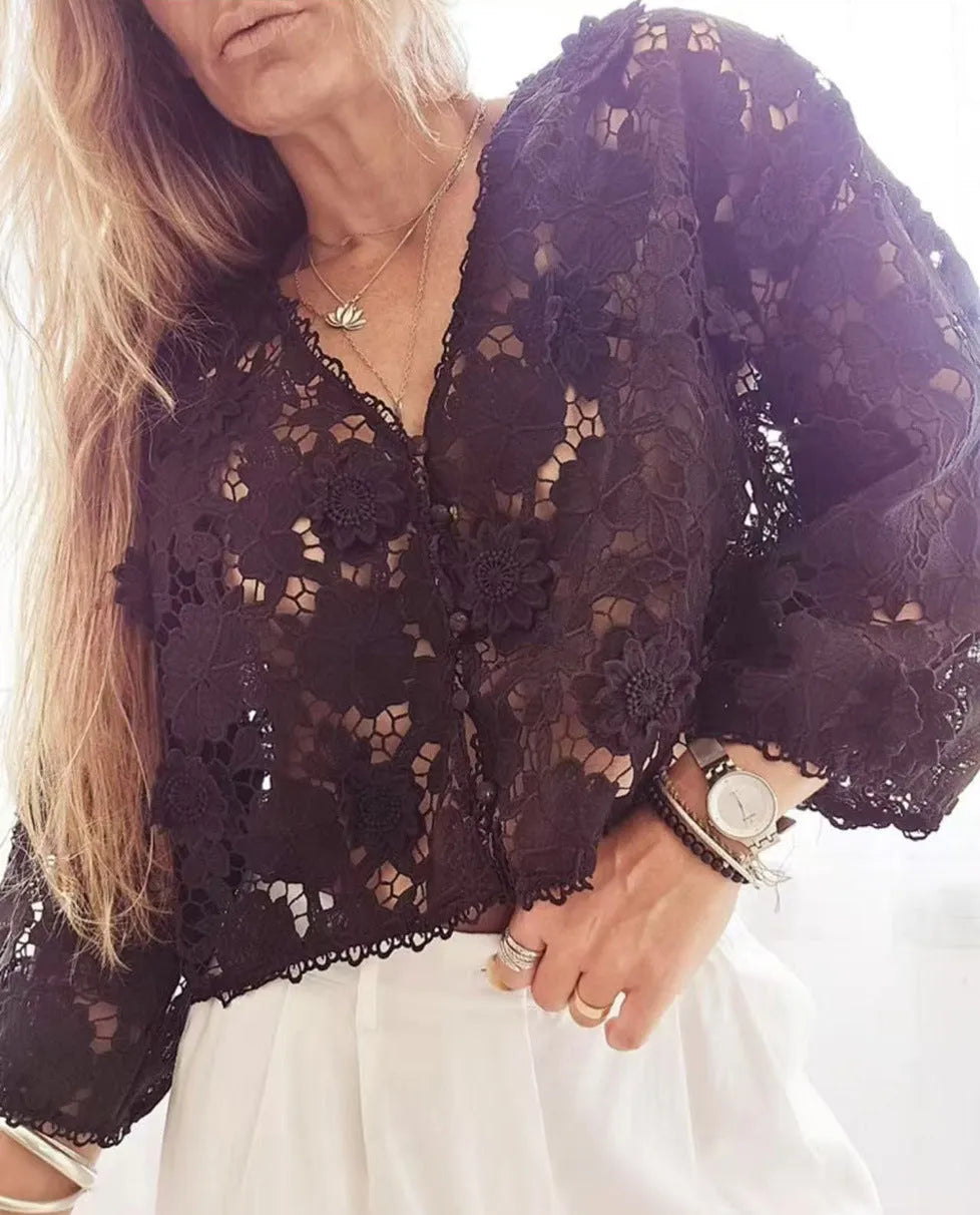 Women's loose V-neck cardigan with three-dimensional lace flower decoration in solid colour