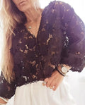 Women's loose V-neck cardigan with three-dimensional lace flower decoration in solid colour