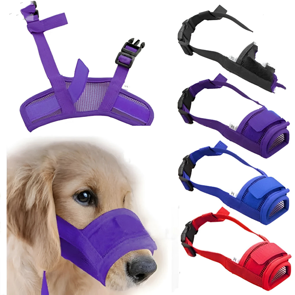 Adjustable plastic dog muzzle in multiple colours with size options for biting and barking control