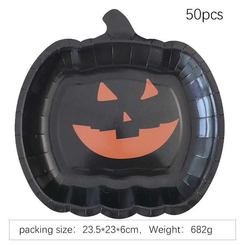 Black Halloween disposable paper plates with pumpkin design in 9-inch size