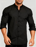Teenage men's black stand-up collar shirt with fitted silhouette, shown front view, plain background.