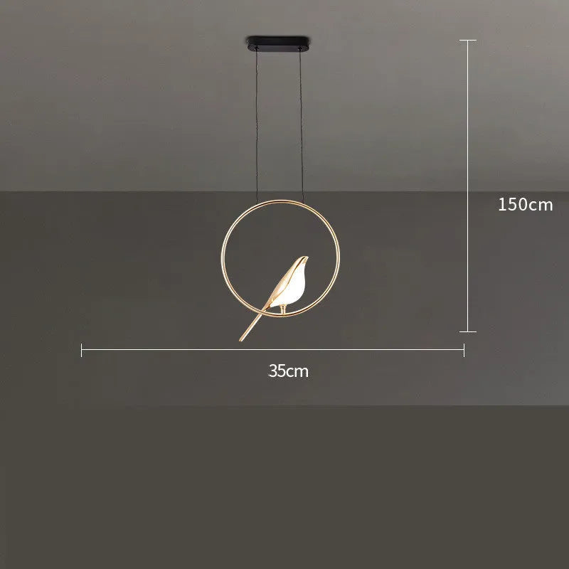 Modern minimalist magpie bird silhouette LED chandelier ceiling light made from zinc alloy and acrylic.