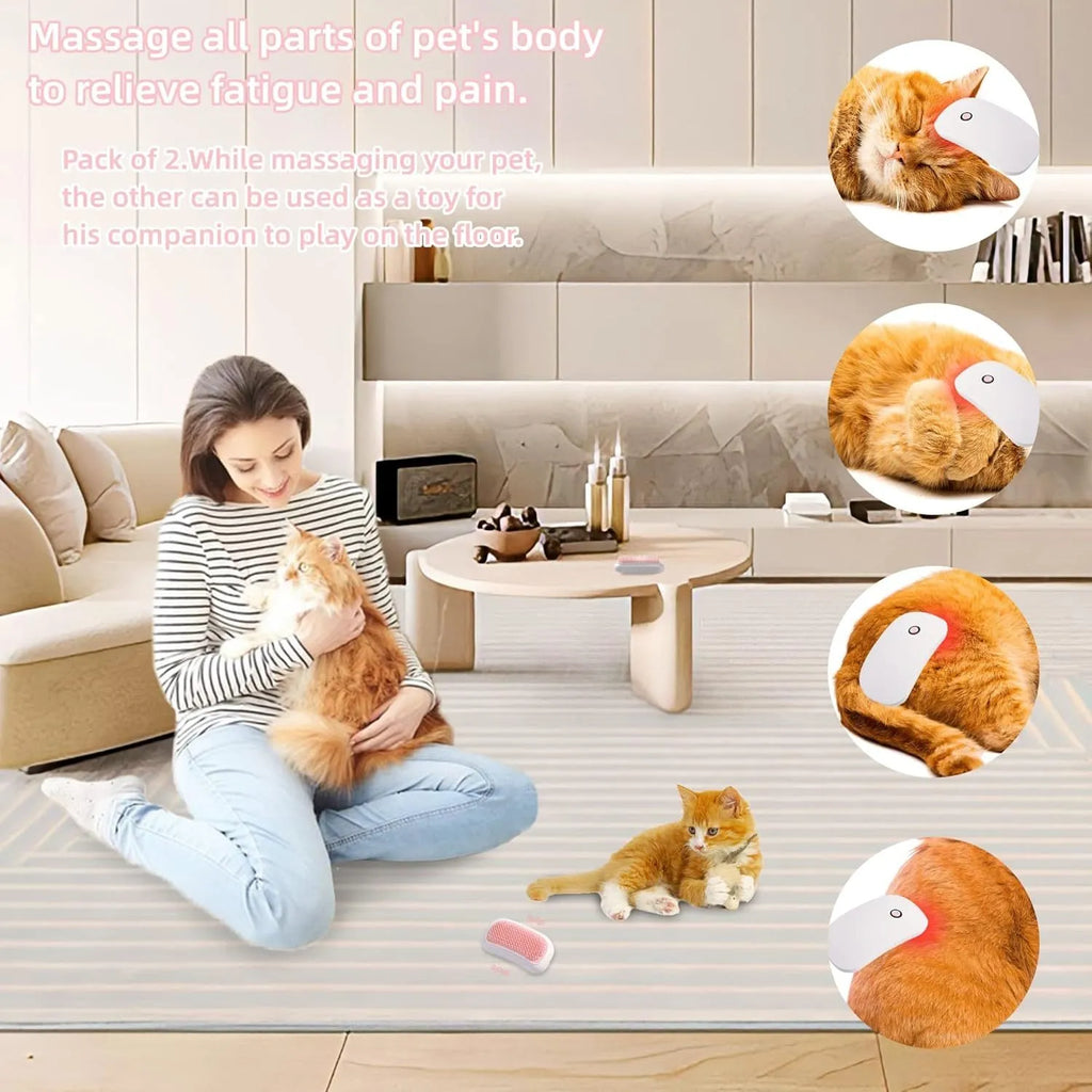 Pink handheld electric pet massage brush with soft TPE teeth on a white background.
