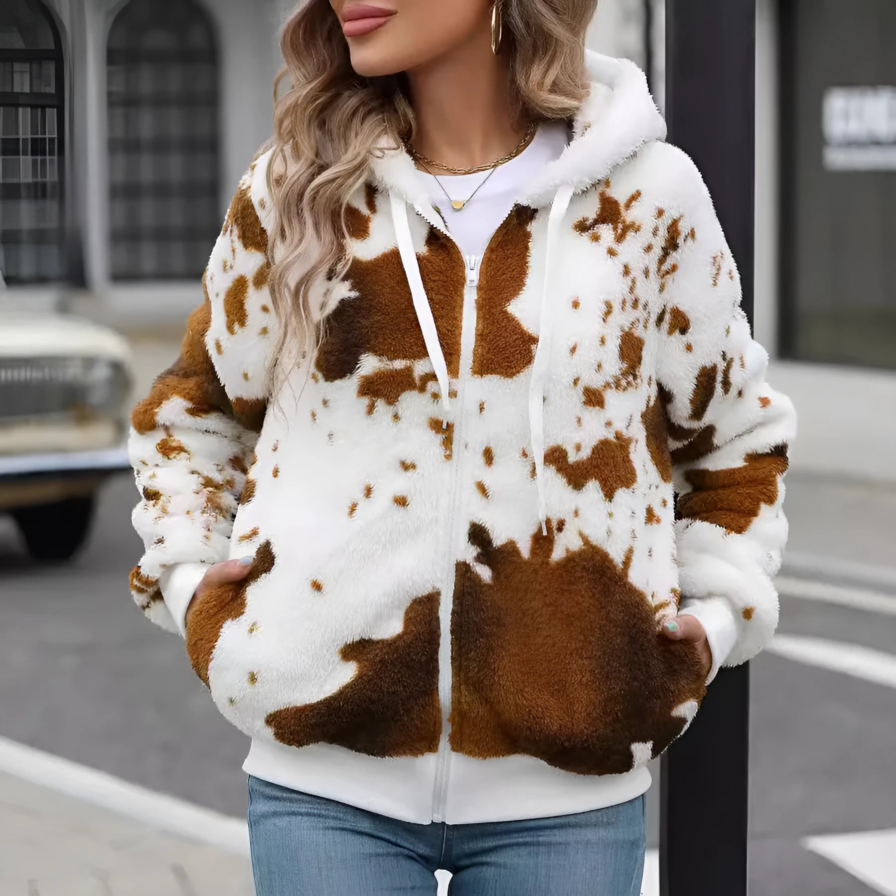 Yellow brown cow print women's hooded cardigan jacket with a full front zipper.