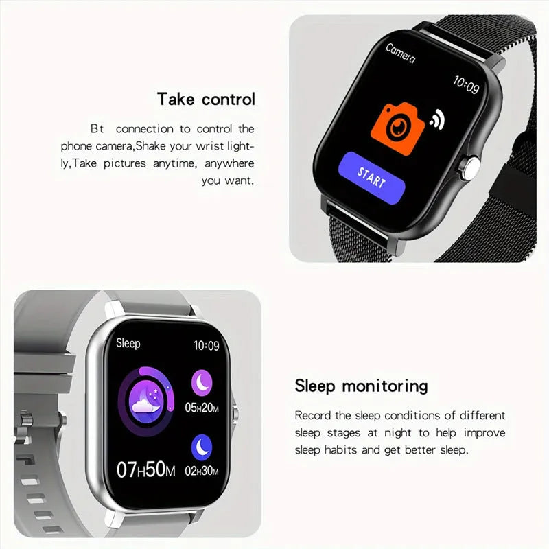 Black smart watch with 1.44-inch screen and silicone strap showing fitness tracking display