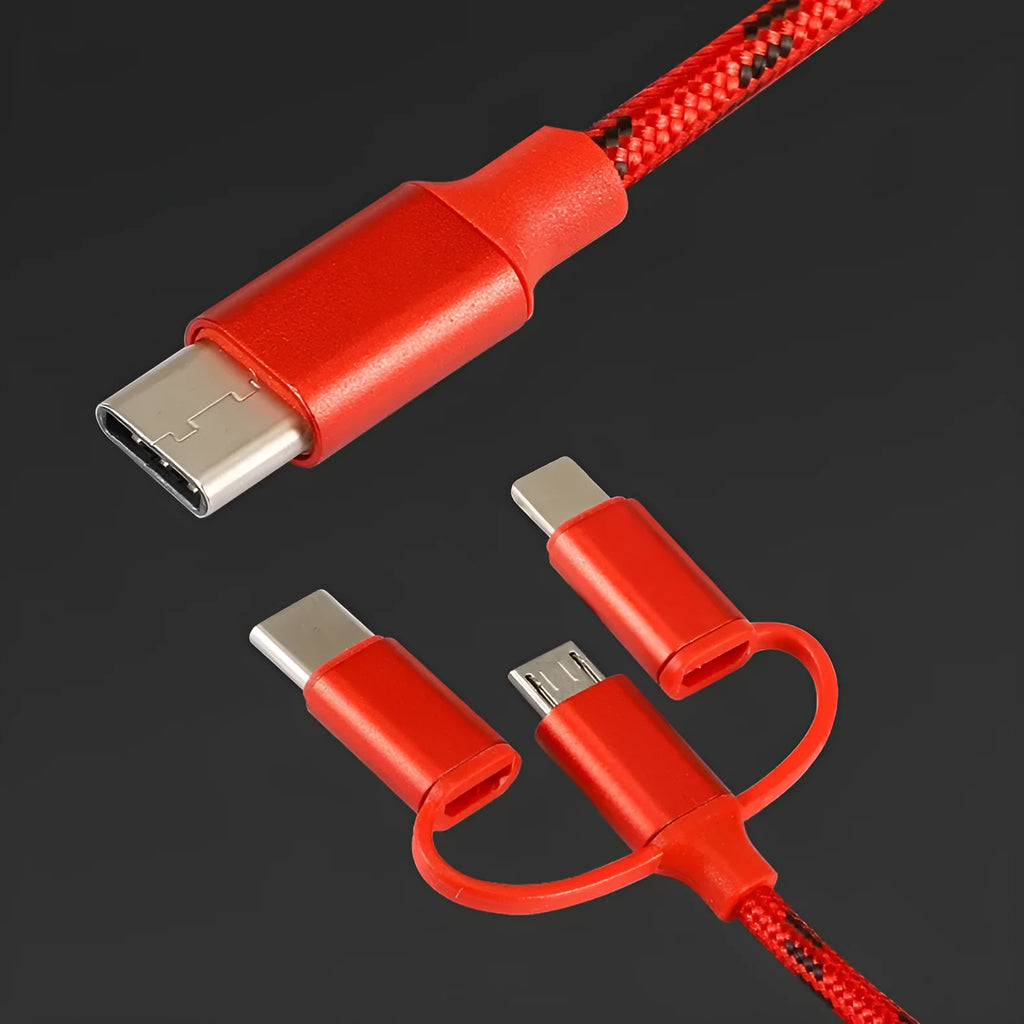 Three-in-one data cable with multiple connectors including Type-C and Micro USB, 1m length, grey colour