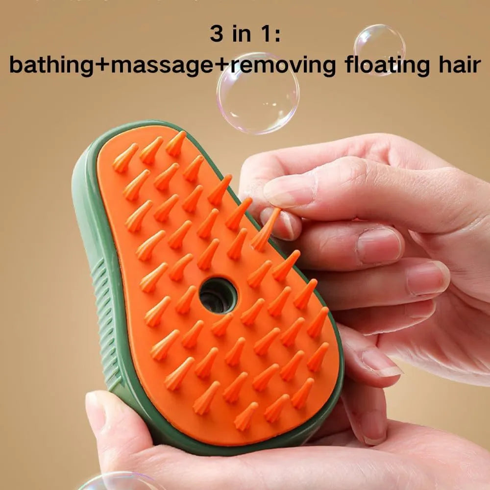 Green and white cat steam brush with water spray feature and silicone teeth for pet grooming