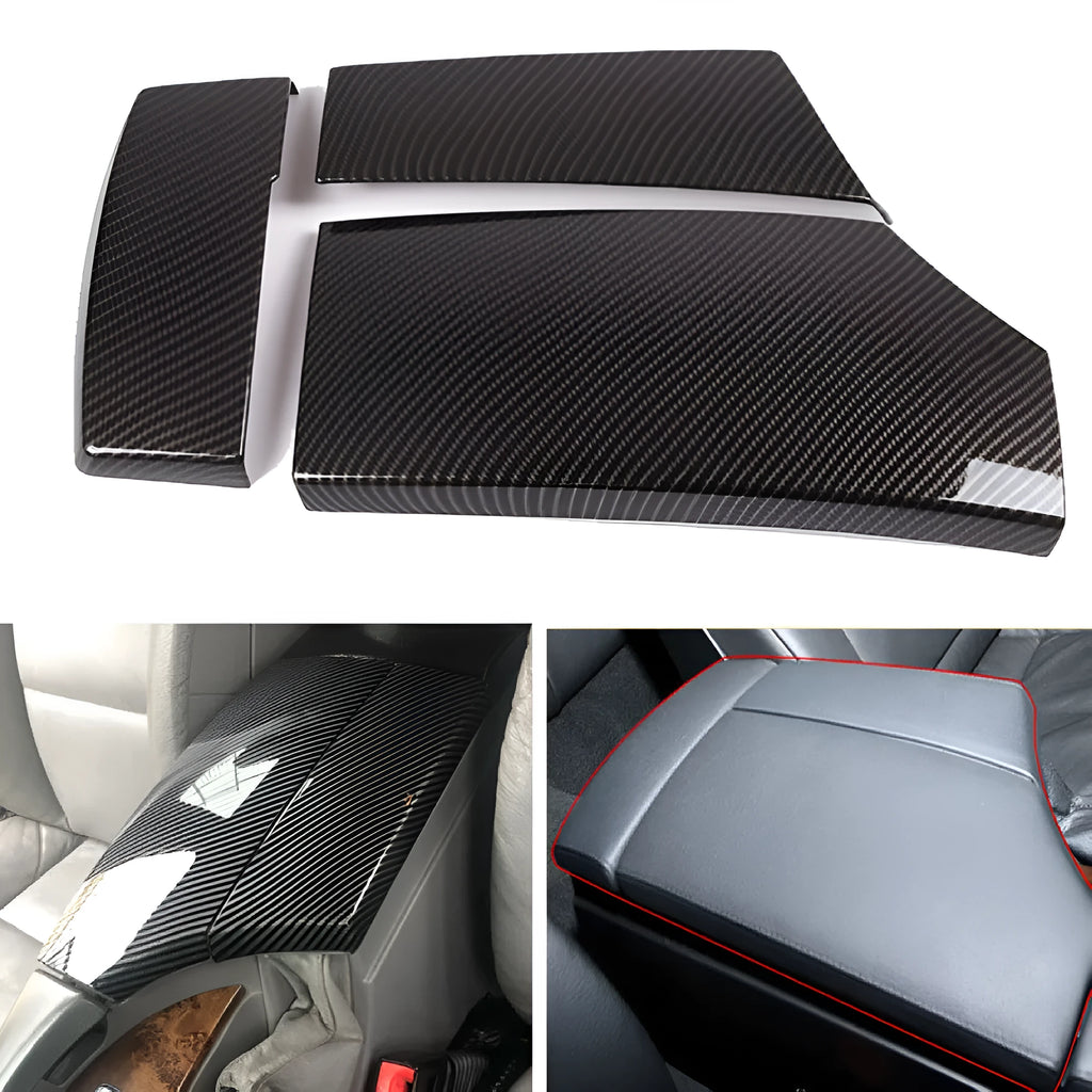 Three ABS armrest box protective covers with carbon fibre pattern, each measuring 33.5 by 16 by 3.5 cm