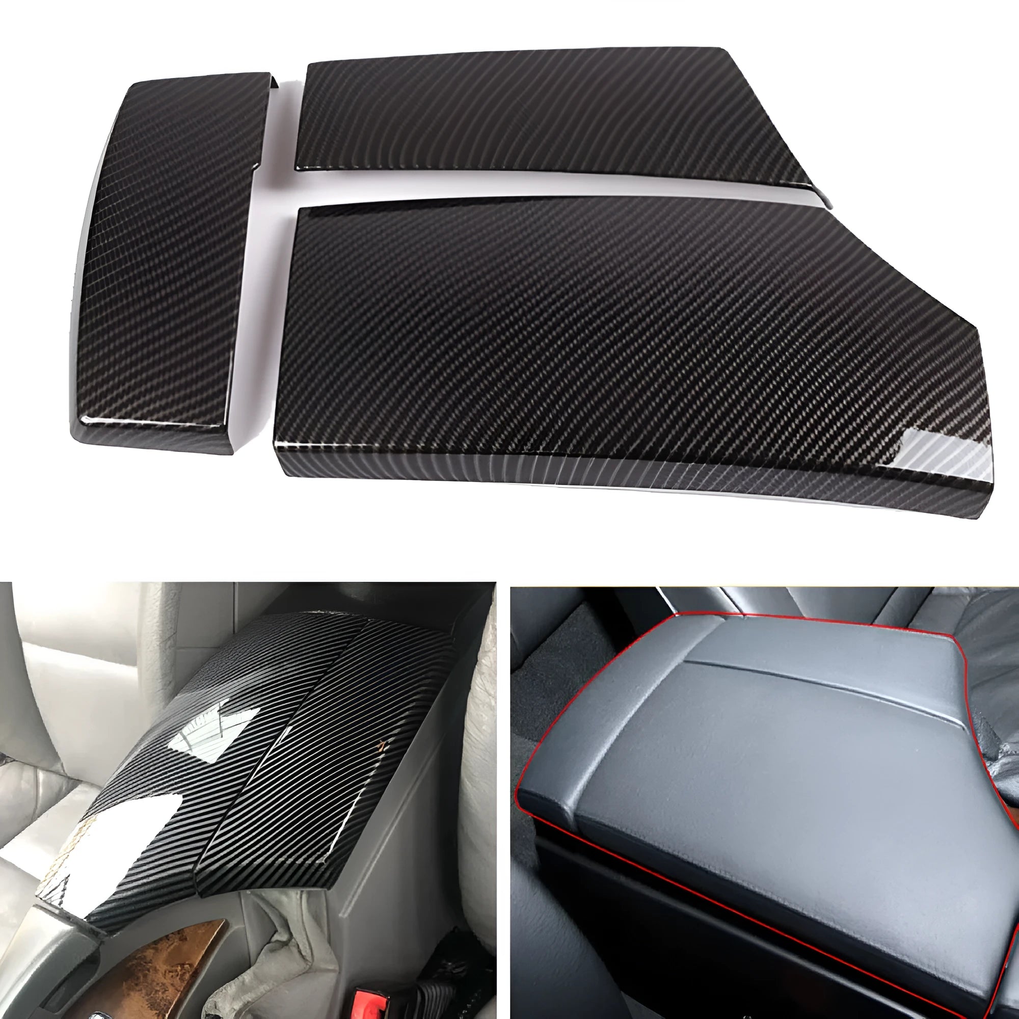 Three ABS armrest box protective covers with carbon fibre pattern, each measuring 33.5 by 16 by 3.5 cm