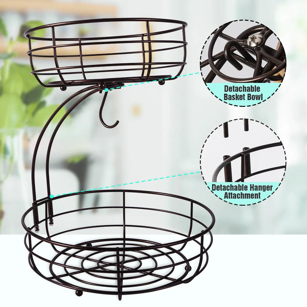 Black and gold double-layer wrought iron fruit storage basket with two open shelves.
