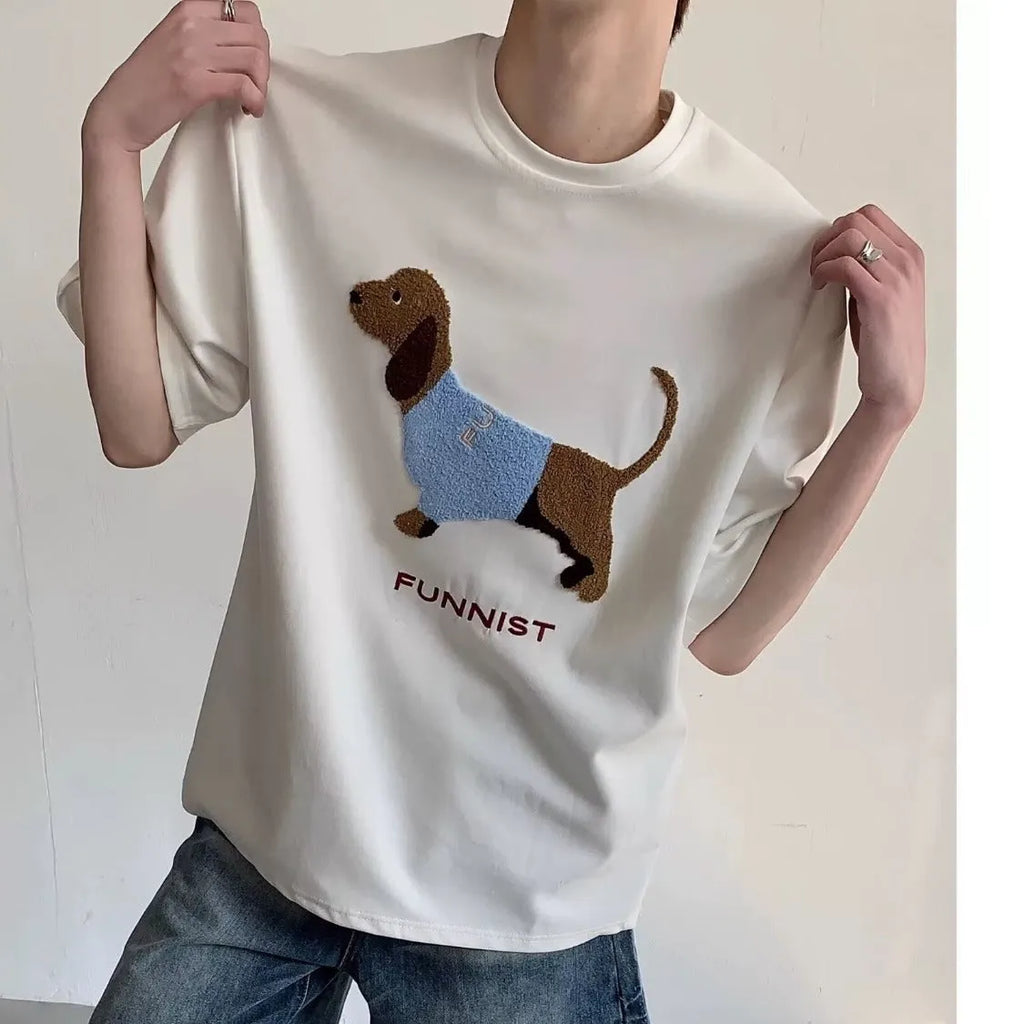 Men's grey short sleeve cotton T-shirt with an embroidered sausage dog towel design on the front.