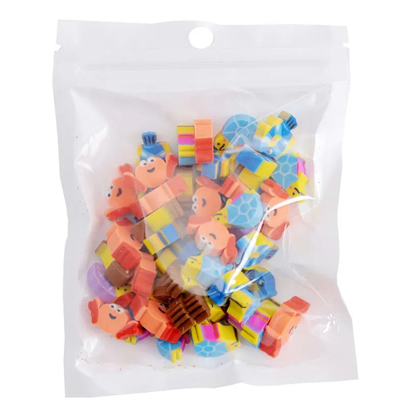 Assortment of 50 colourful cartoon-themed mini erasers including fruit, animal, and holiday designs.