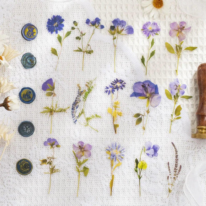 Dried flower journal sticker set with 40 PET sheets in 8 styles including rose nebula and starry night blue designs