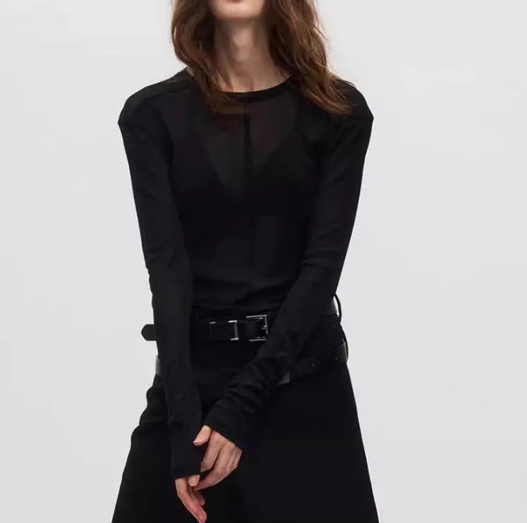 Black mesh see-through texture slim-fit pullover with long sleeves and round collar