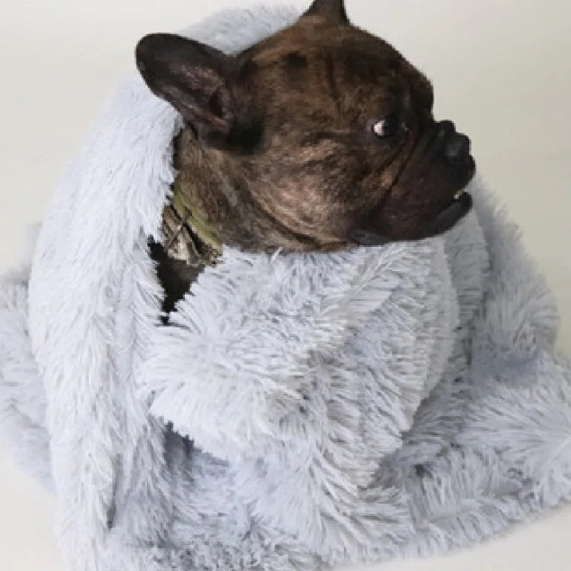 Long plush pet blanket for dogs and cats in grey, pink, or white, showing three size options.