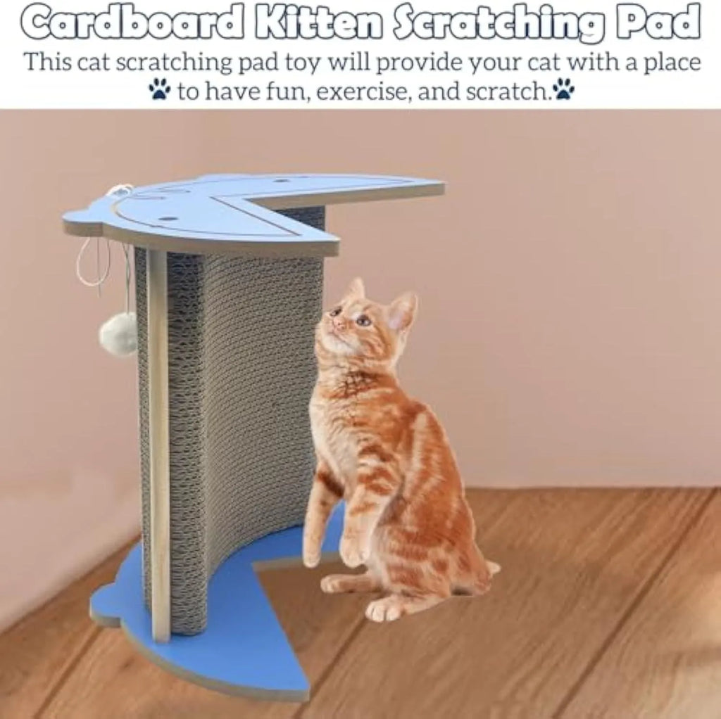Vertical corner cat scratcher with cardboard pad and hanging ball toy on grey density board base