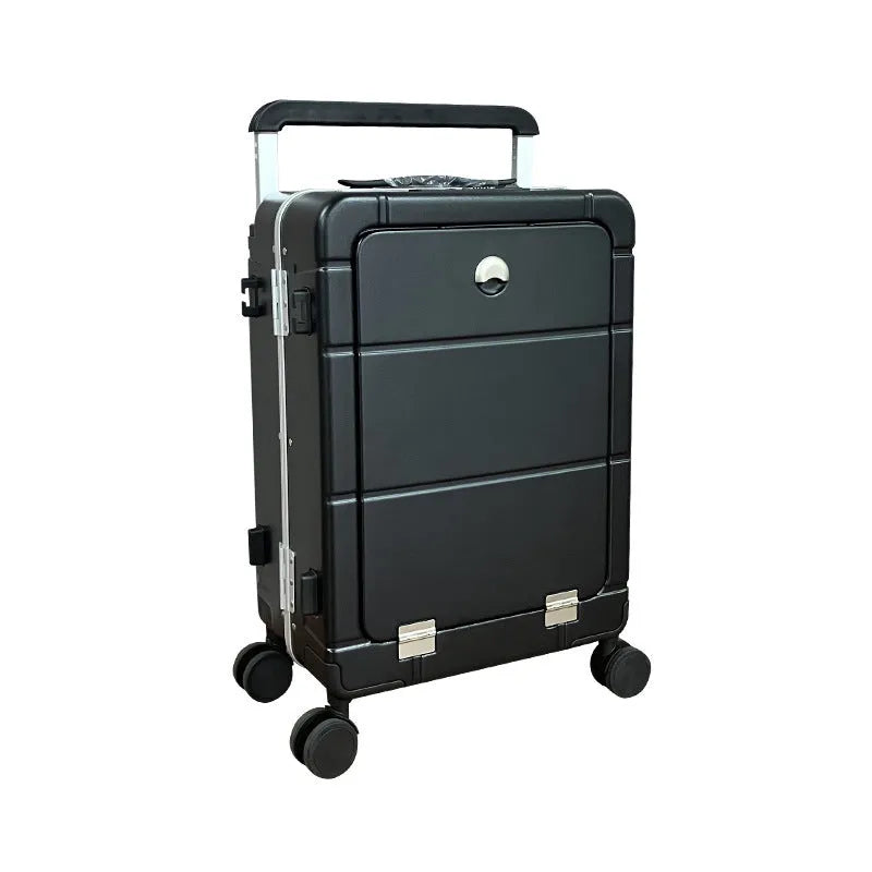 20-inch front opening hard-shell suitcase in silver showing interior dry wet separation compartments and a cup holder.