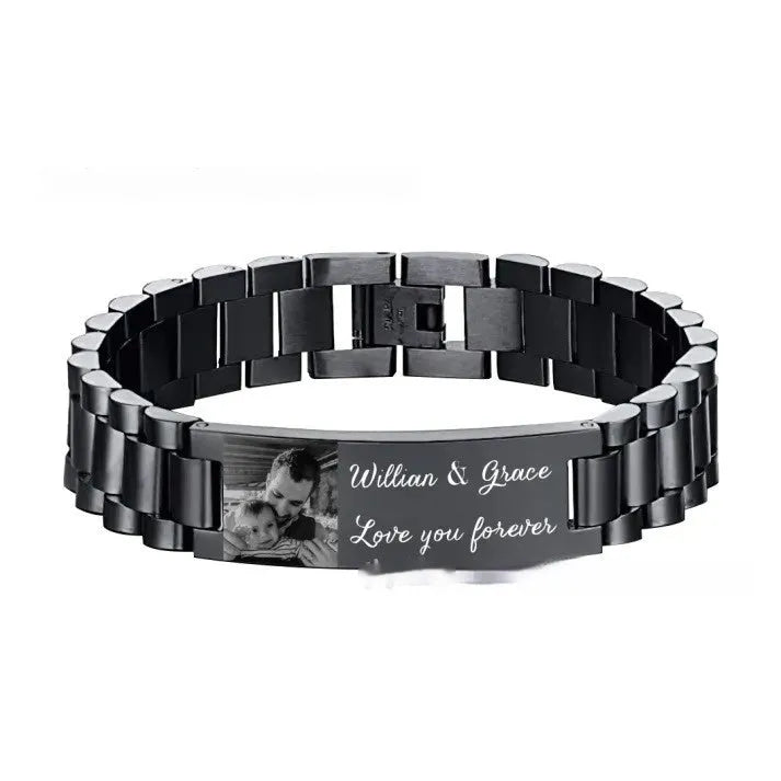 Titanium steel bracelet with curved heart design and personalised lettering in black or grey options