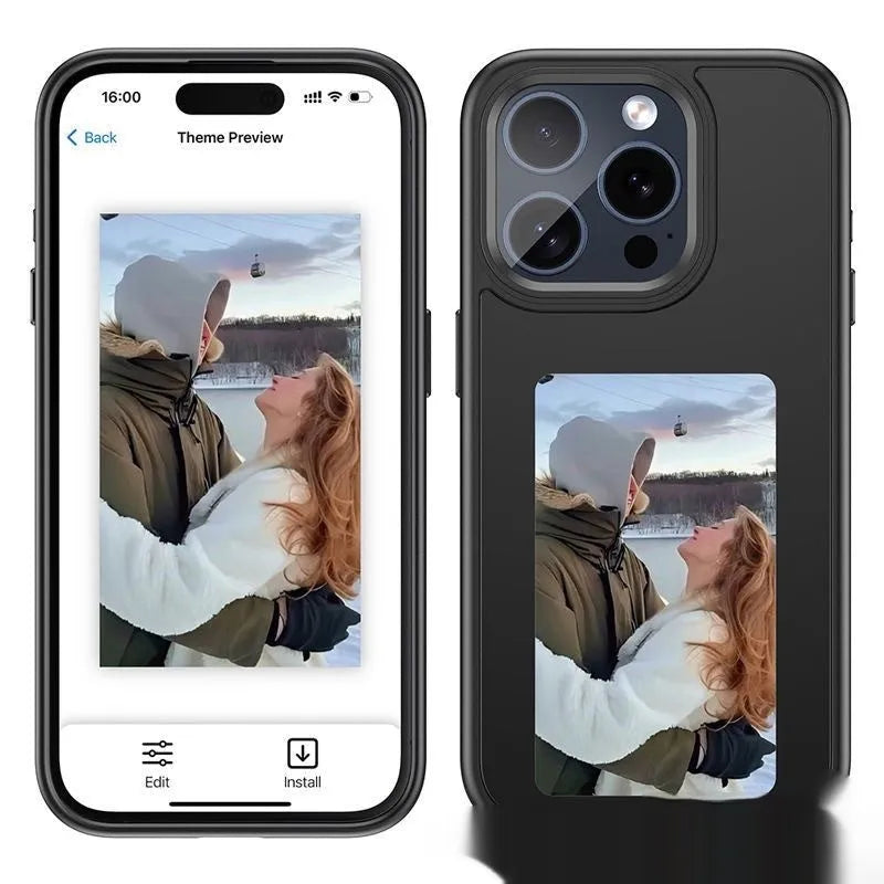 Black Smart NFC screen projection phone case with four-colour e-ink display and TPE relief texture for iPhone