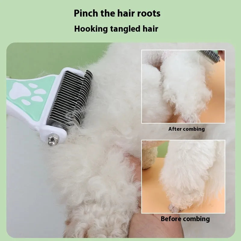 Yellow pet comb for knot untying with metal teeth and plastic handle, grooming tool for dogs and cats