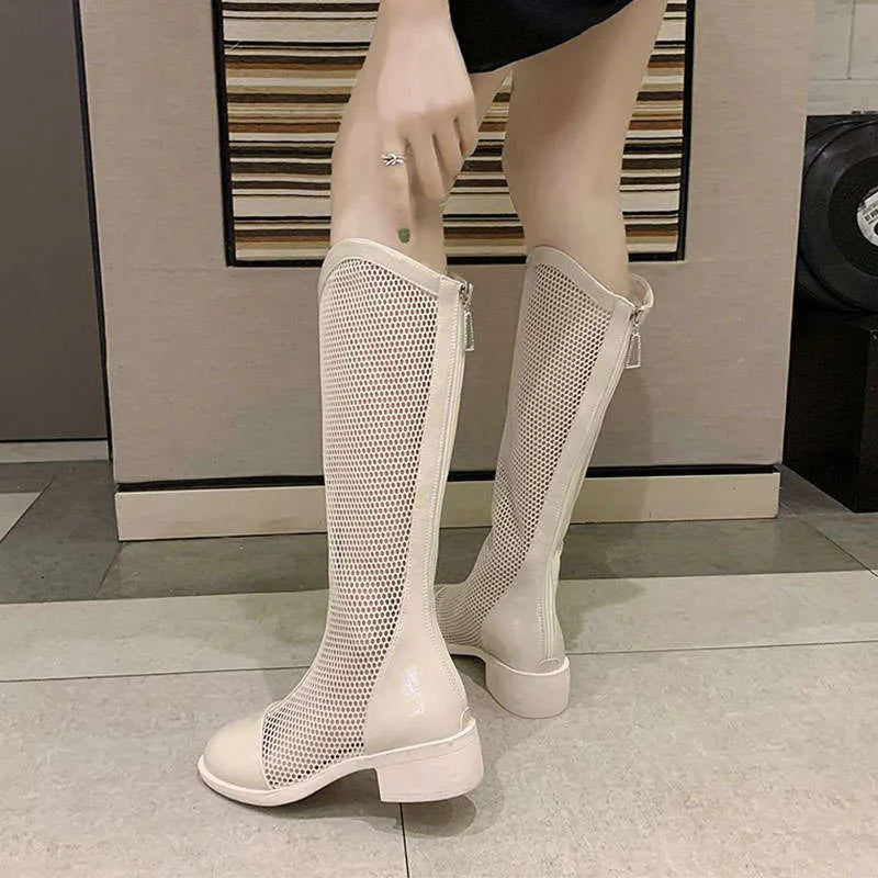 Women's thin mesh long skinny knight boots in black with square heel and back zipper