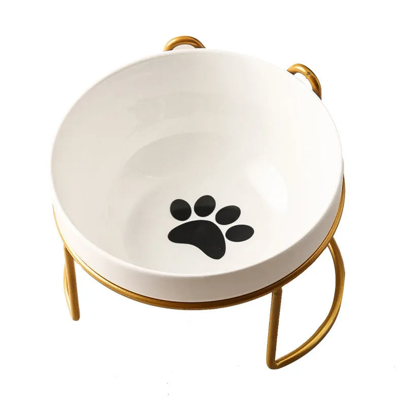 Ceramic cat bowl with iron frame in cat paw or fishbone print