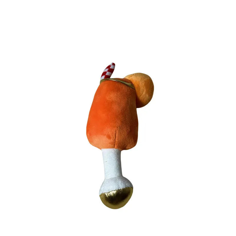 Yellow plush beer bottle squeaky dog toy with teeth-cleaning feature measuring 7cm tall