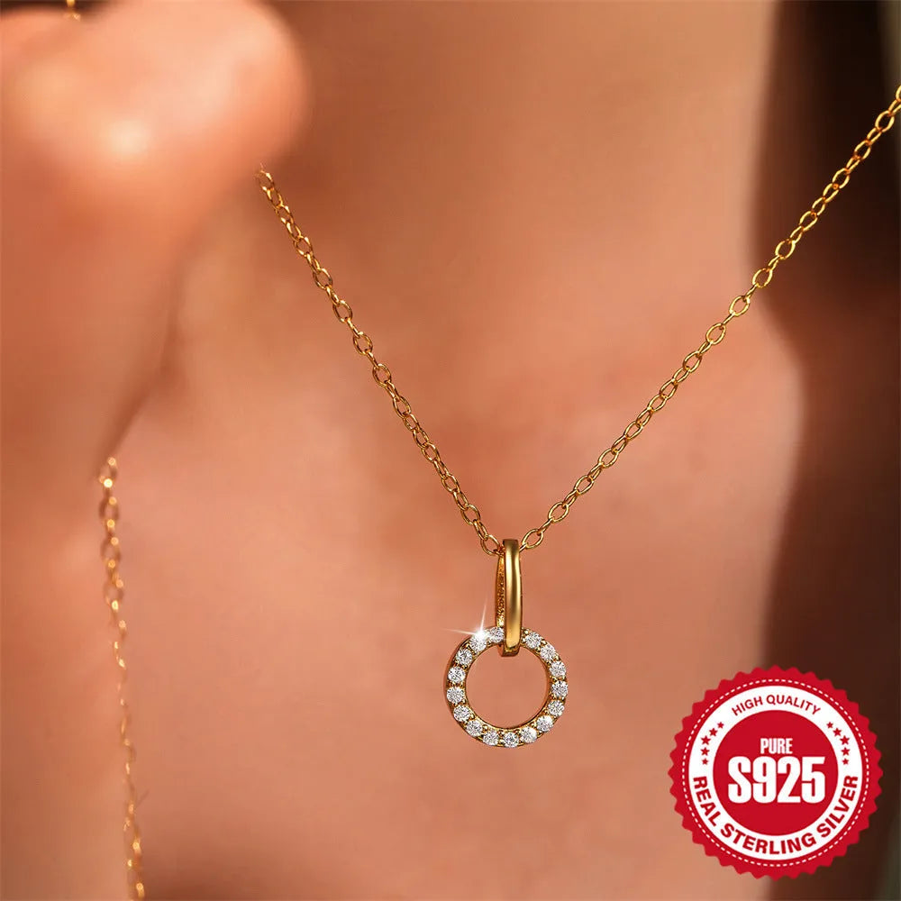 Gold-colour 925 sterling silver adjustable clavicle chain with geometric zircon pendant for women