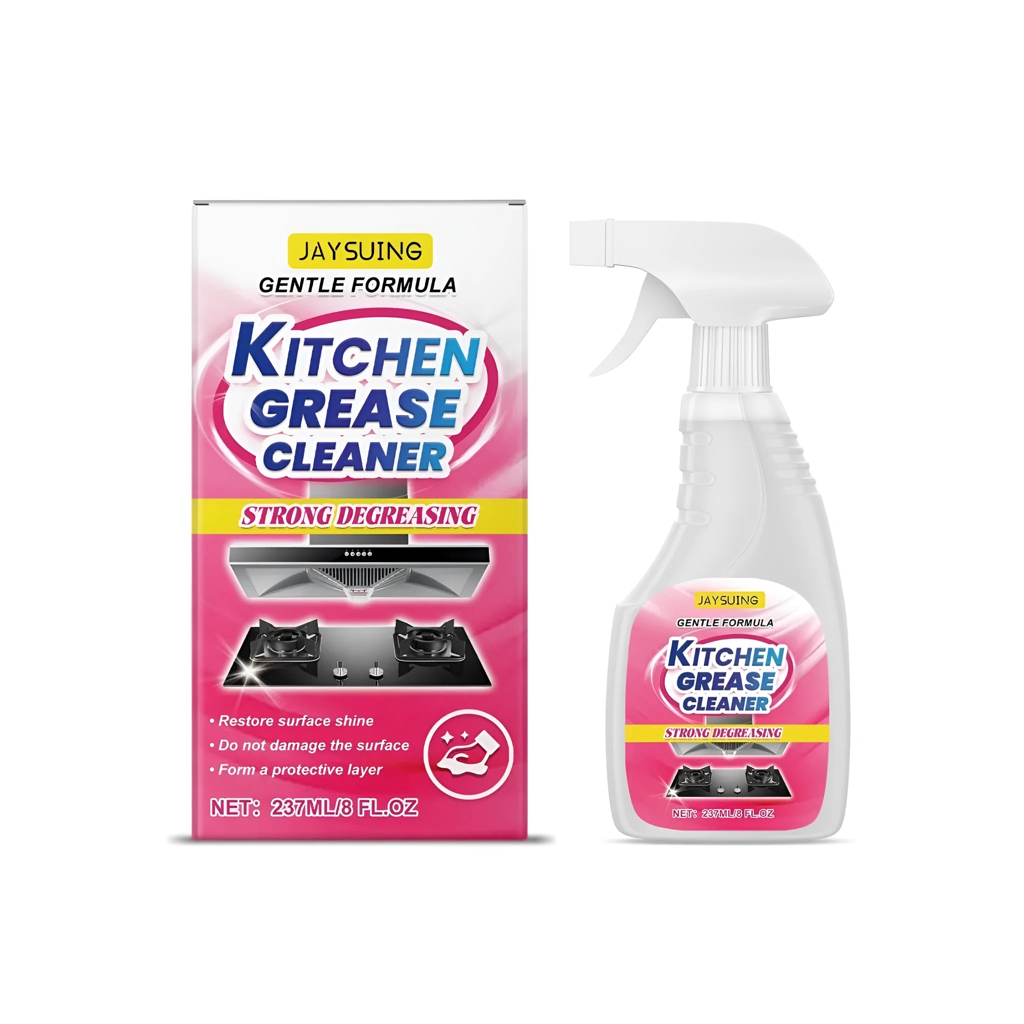 237ml bottle of kitchen grease cleaner spray with trigger nozzle for removing oil stains.