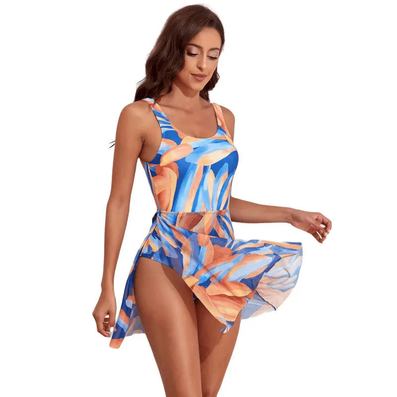 Women's single-shoulder one-piece swimsuit with floral digital print and slim waist design