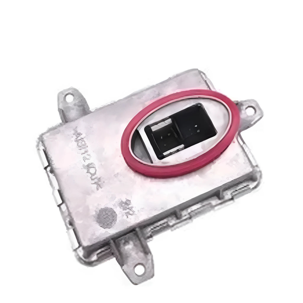 Metal automotive headlight ballast unit showing its rectangular shape and dimensions of 14 by 11 by 4.5 centimetres.