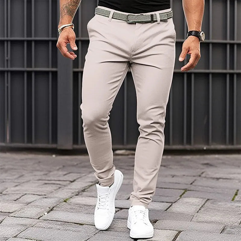 Men's pure colour slim-fit trousers in black, micro-elastic cotton blend, side pockets, mid-waist zip placket