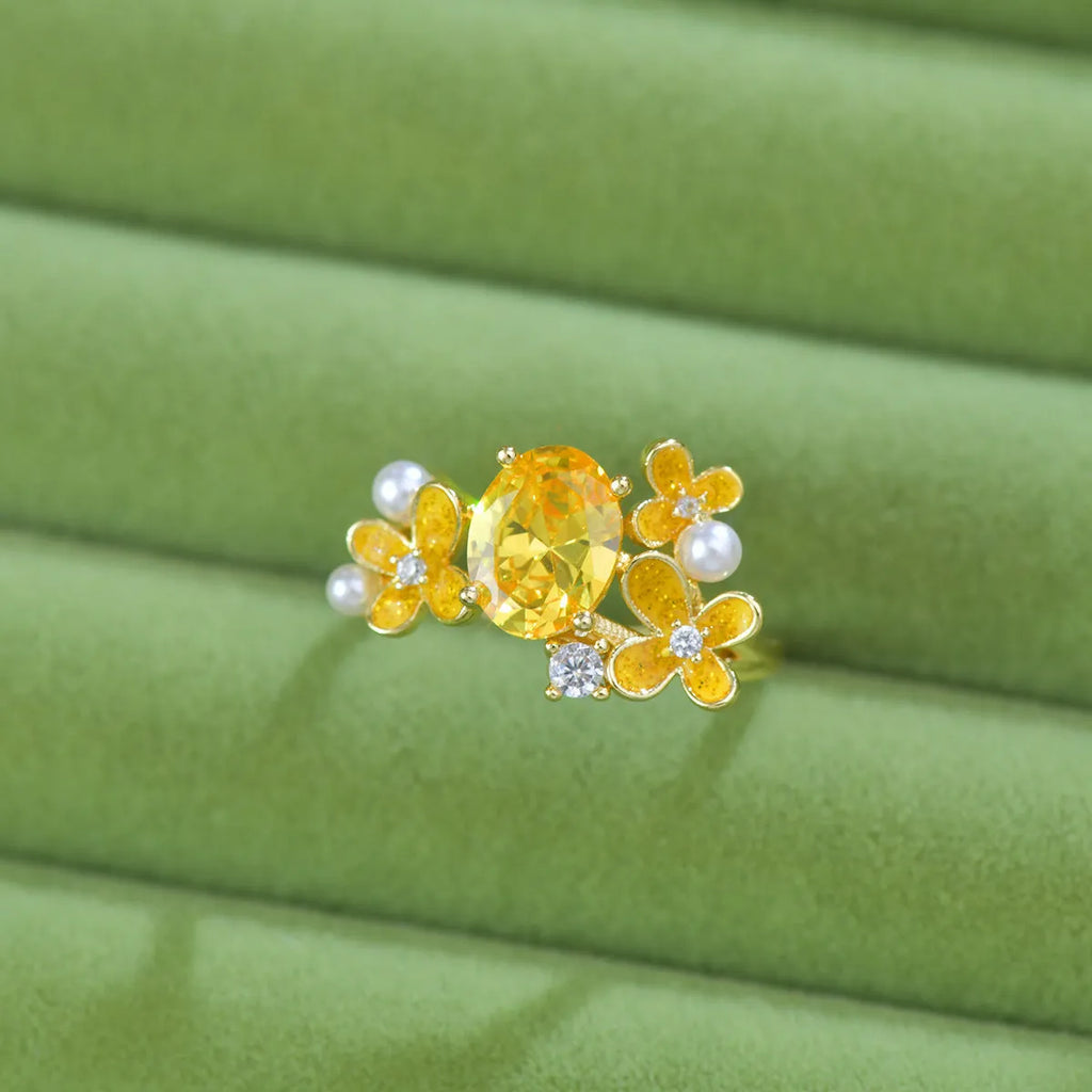 Flower pearl high-grade female zircon open ring in yellow copper metal sweet girl style