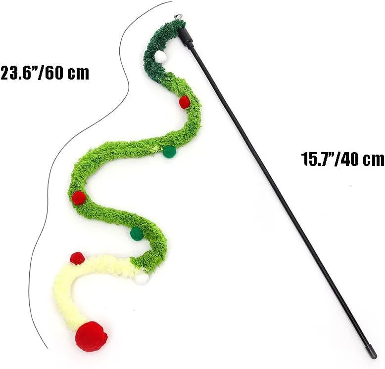 Interactive cat wand toy with colourful plush strip and bell attachment for indoor play
