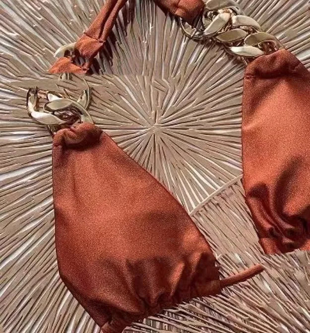 Brown nylon tube-top push up bikini split swimsuit for women with sleeveless design