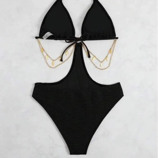 Women's black bikini swimsuit with chain design detail on polyester fabric